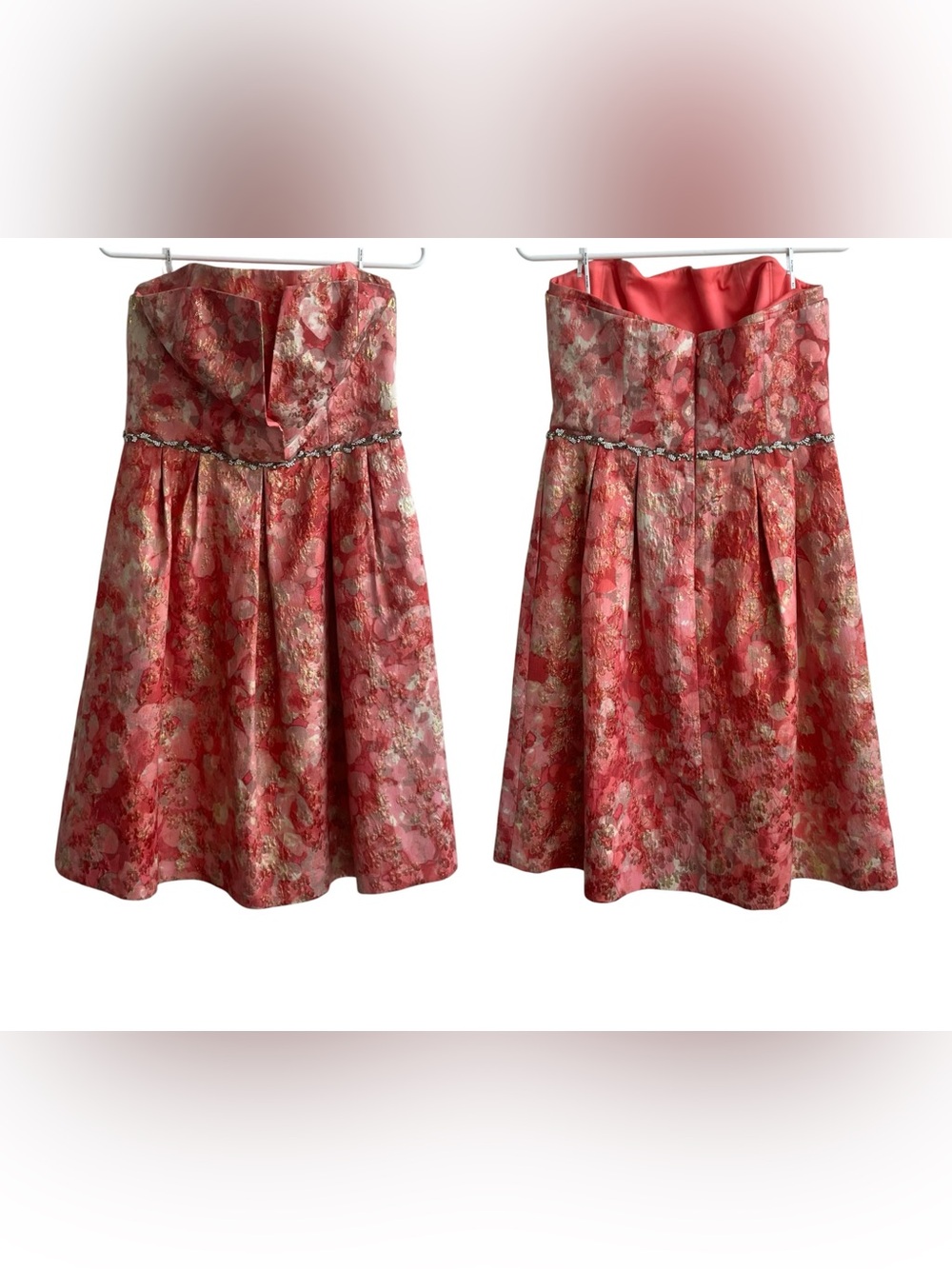 Kay Unger Metallic Floral Brocade A-Line Fit Flare Strapless Midi Dress SZ 10